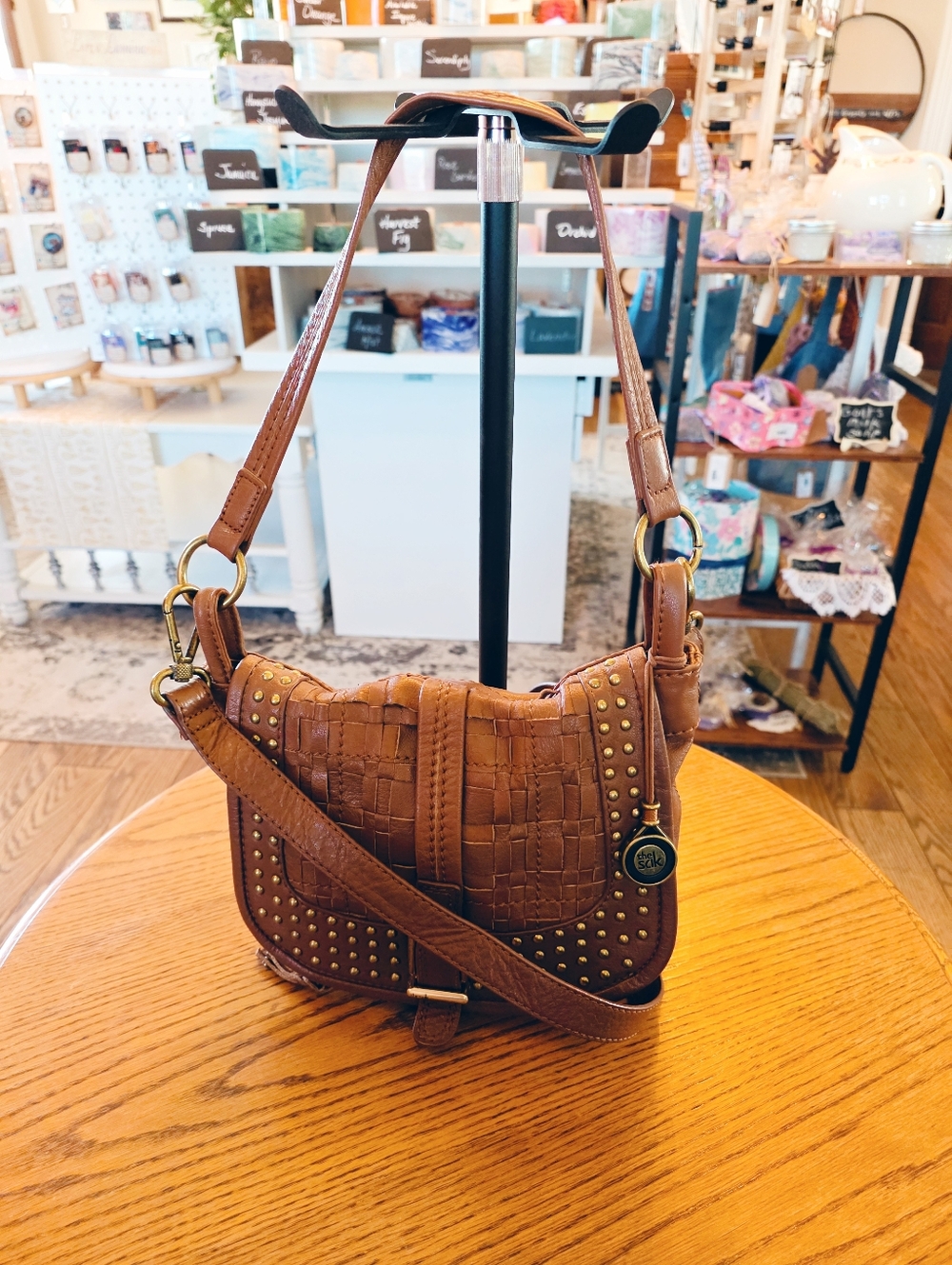 The Sak Leather Woven Studded Shoulder Bag Brown Crossbody Multi Compartment